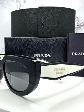 New PRADA Sunglasses Black White Talc Gold Symbole Oval Cat Eye Womens